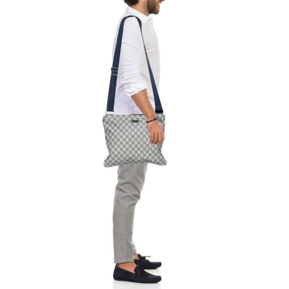 Gucci Monogram GG Supreme Flat Messenger Shoulder Crossbody Bag Navy Blue Beige - Picture 17 of 17